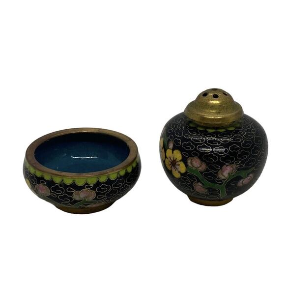 Vintage Set Chinese Black Cloisonné Salt Cellar Pepper Shaker Flowers Design - Picture 12 of 16